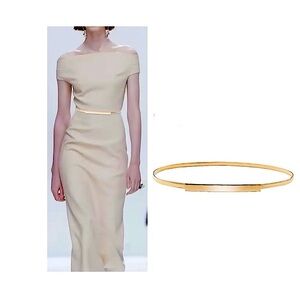 New Elegant Golden Elastic Metal Bar Buckle Belt Thin Waistband One Size